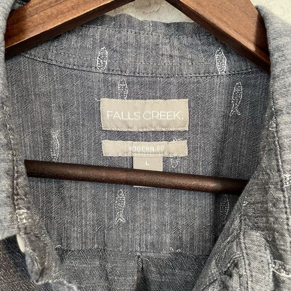 Falls Creek Men’s Large Button Down Shirt Short Sleeve Fish Blue Gray Modern Fit - Picture 6 of 6